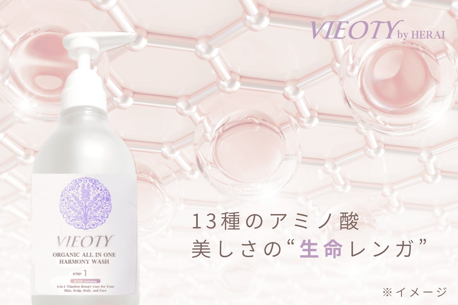 アミノ酸が「生命のレンガ」として髪のケラチンや肌のNMFを構築する様子を表現したイメージ。VIEOTYハーモニーウォッシュの処方の根幹を解説。