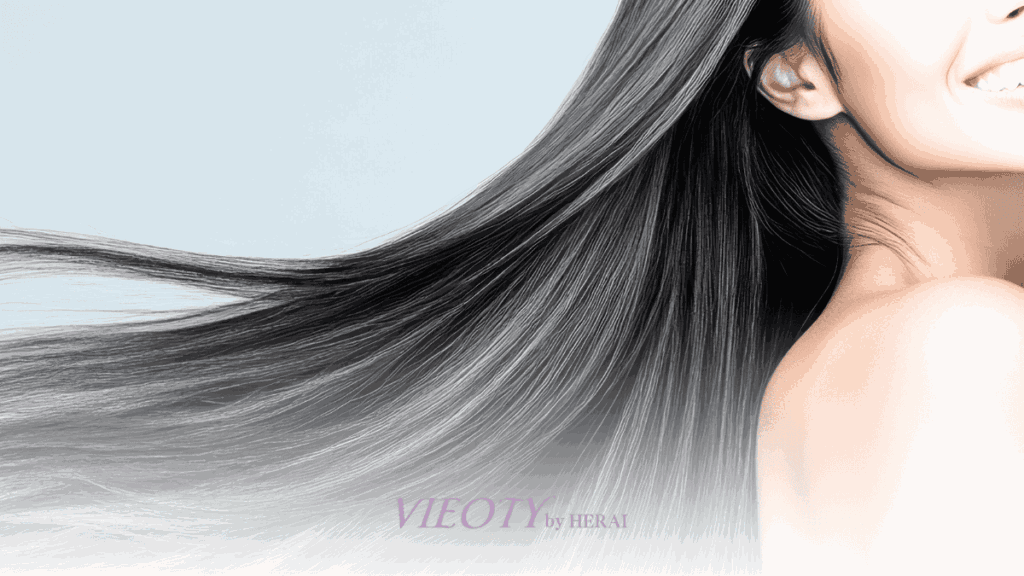 髪と肌を鏡で見ているモデル