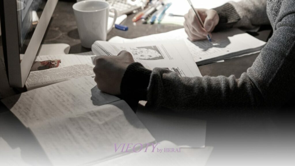 「VIEOTY」の3ステップでスキンケアとヘアケアをまとめる新常識を解説する画像。18本の化粧品が3本に集約されるイメージで、開発者の葛藤と時短美容の哲学を表現。