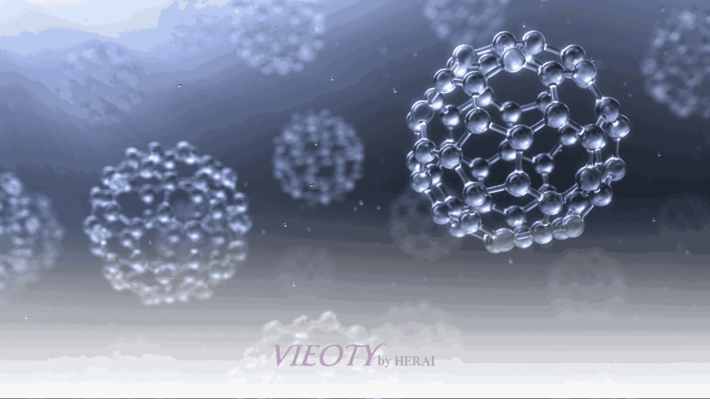 フラーレンの分子構造が、肌細胞を酸化から守っているイメージ図