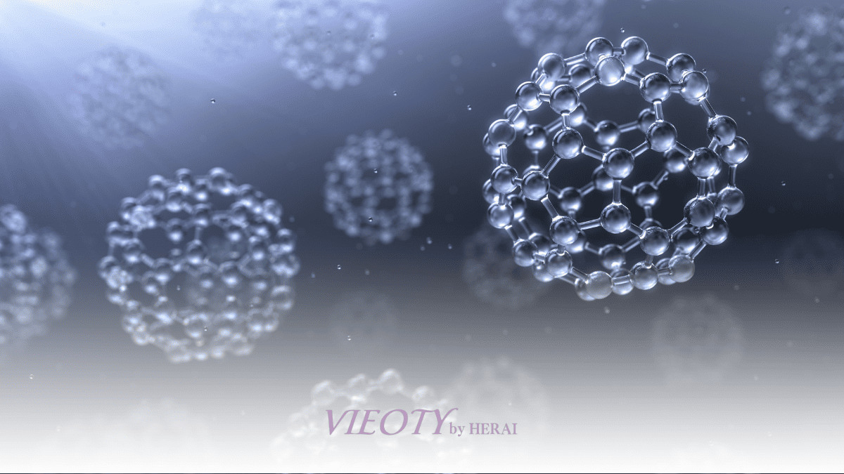 フラーレンの分子構造が、肌細胞を酸化から守っているイメージ図