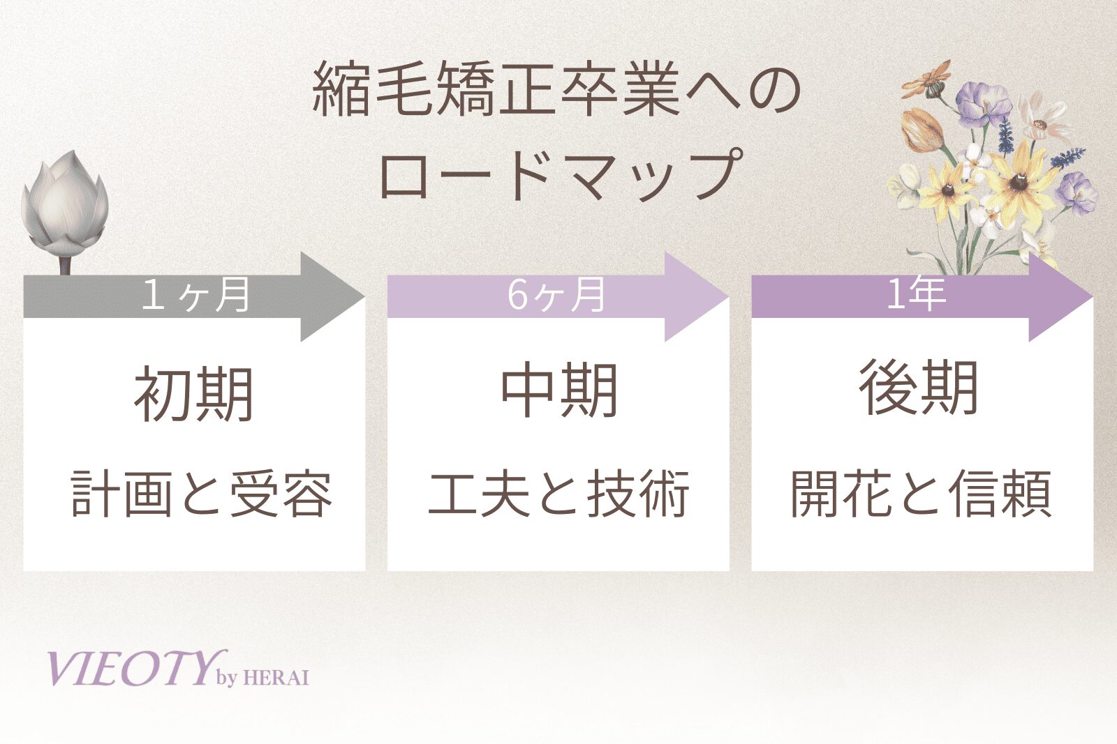 「縮毛矯正卒業へのロードマップ」のテキストと共に、移行期間のプロセスを示すタイムライン。初期・中期・後期の各ステージで髪がどう変化し、どう乗り越えるかを解説。