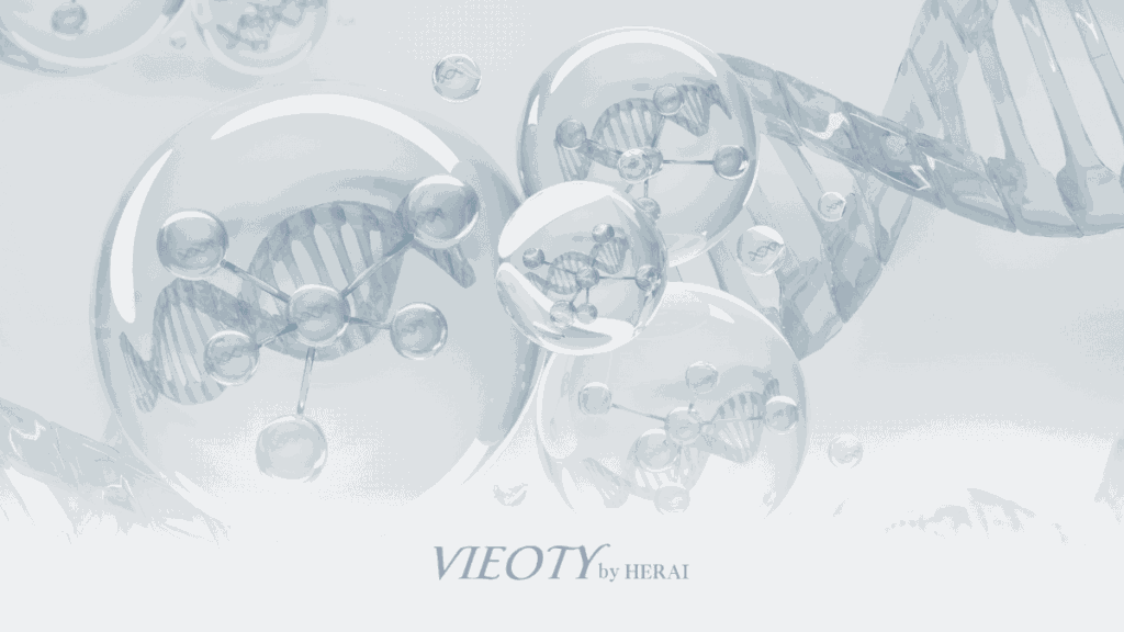 VIEOTYハーモニーウォッシュのボトルから流れ出る一滴の中に、アミノ酸の分子構造式が美しくきらめいている様子のイメージ画像。