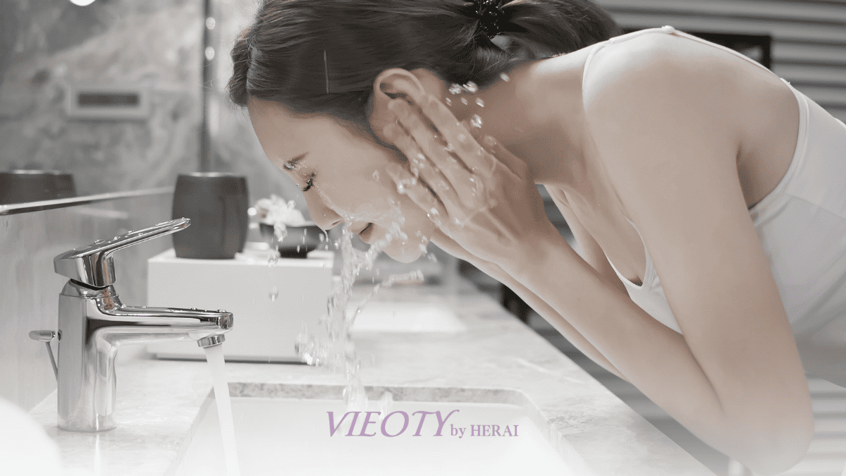 石鹸、フォーム、ジェル、ミルクなど様々な種類の洗顔料を試す女性のイメージ