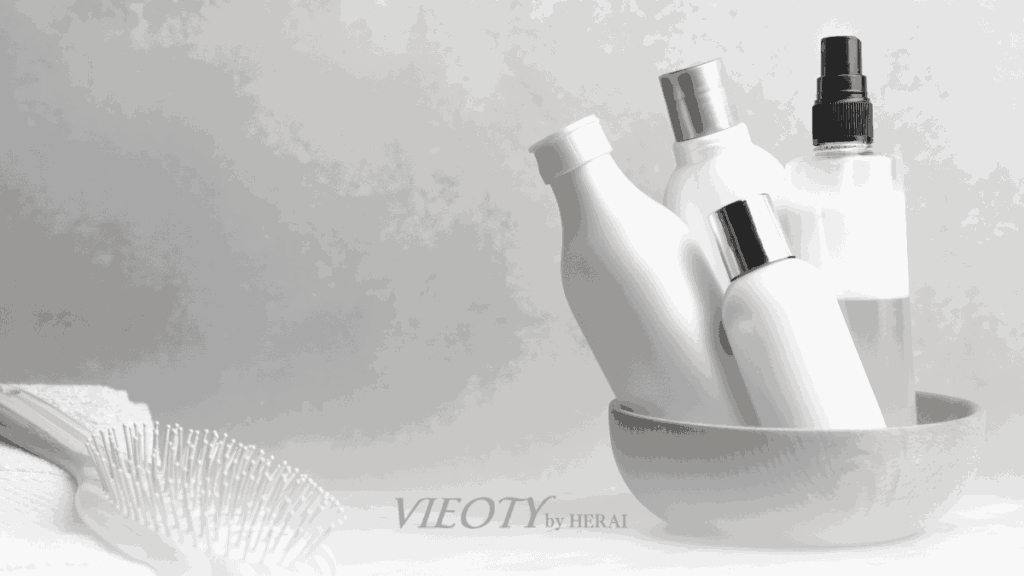 シャンプーボトルの裏にある成分表示、ボトルを真剣に見ている