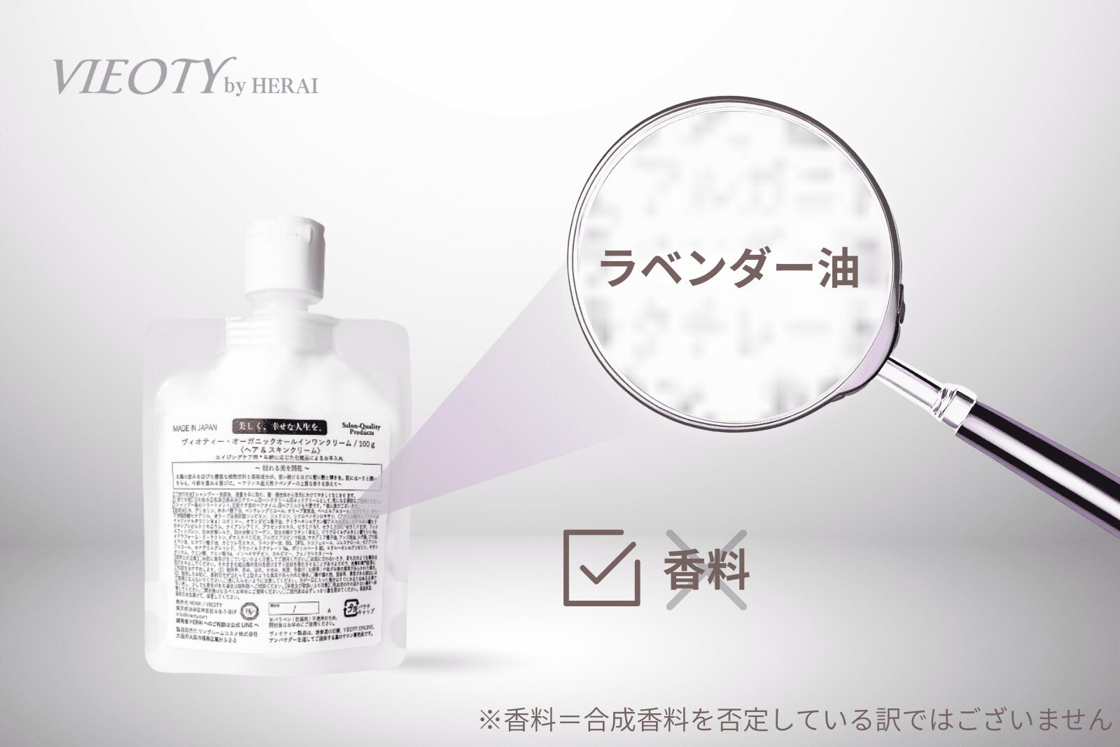「審美眼は、全成分表示に宿る」のテキストと共に、化粧品の全成分表示を虫眼鏡で見る画像。「〇〇油」は本物の精油、「香料」は合成香料であることを見抜く方法を解説。