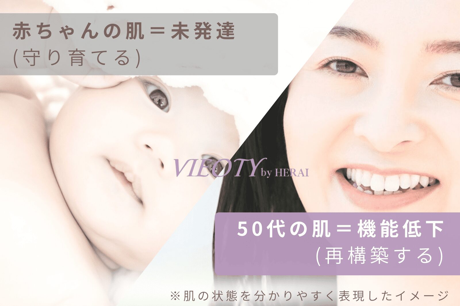 50代敏感肌と赤ちゃんの肌の「敏感さ」の違いを示す図解。「機能低下」した大人の肌と、「未発達」な赤ちゃんの肌では必要なケアが違うことをテキストで解説。