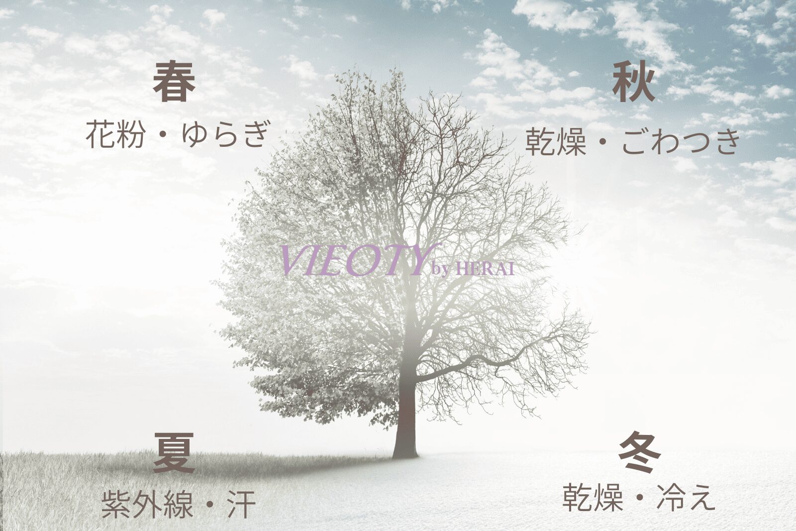 春夏秋冬の季節別の肌と髪の悩みを示す図解。春の花粉、夏の紫外線、秋冬の乾燥といったストレス要因と、それに対応するスキンケア・ヘアケアの重要性を解説。