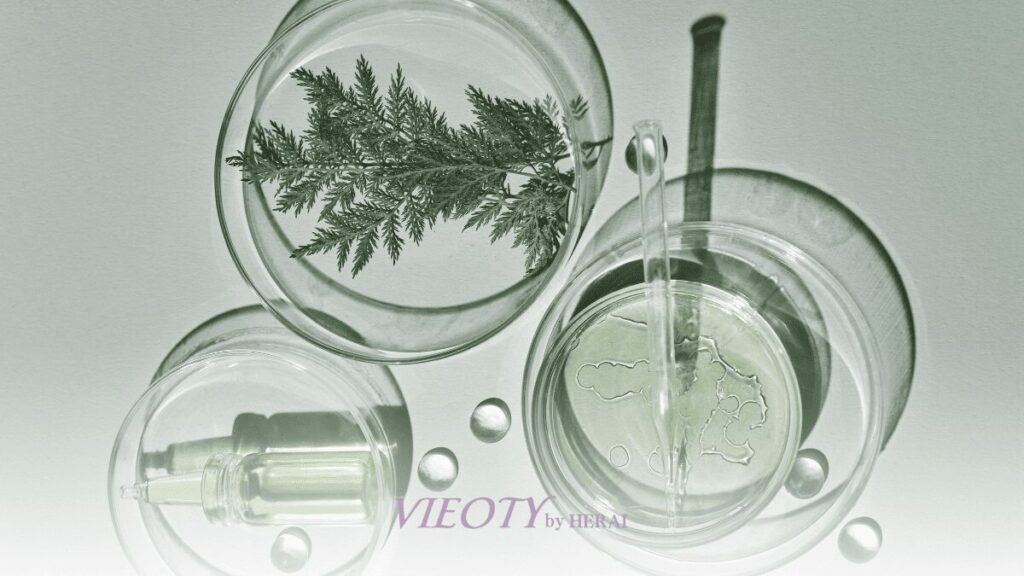 VIEOTYクリームのジャーの周りに、世界中から集められた26種類のハーブや花、種子が美しく配置され、一つの曼荼羅模様を描いている。