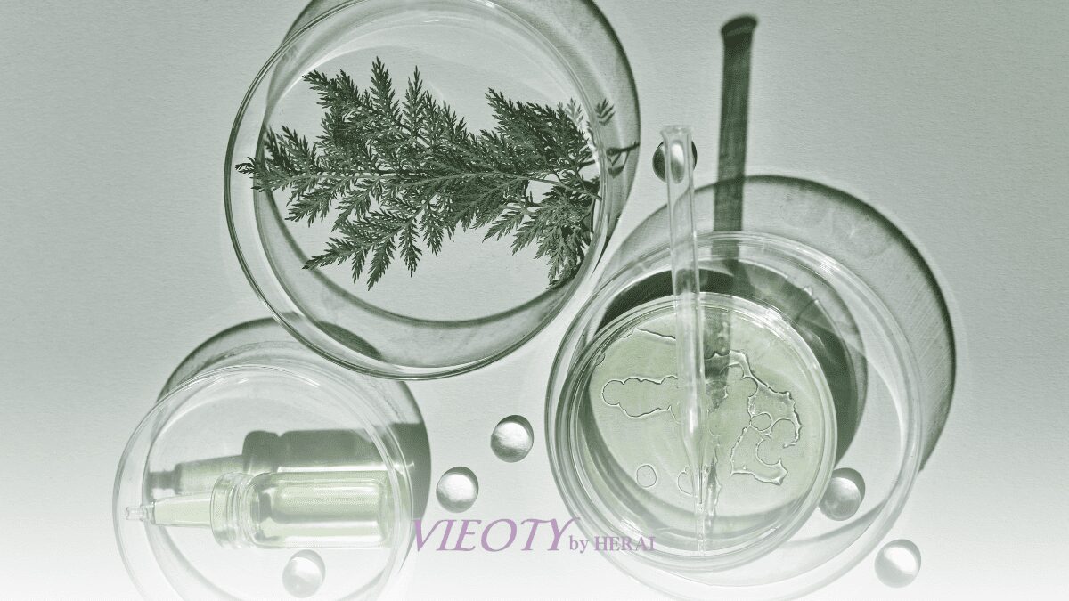 VIEOTYクリームのジャーの周りに、世界中から集められた26種類のハーブや花、種子が美しく配置され、一つの曼荼羅模様を描いている。