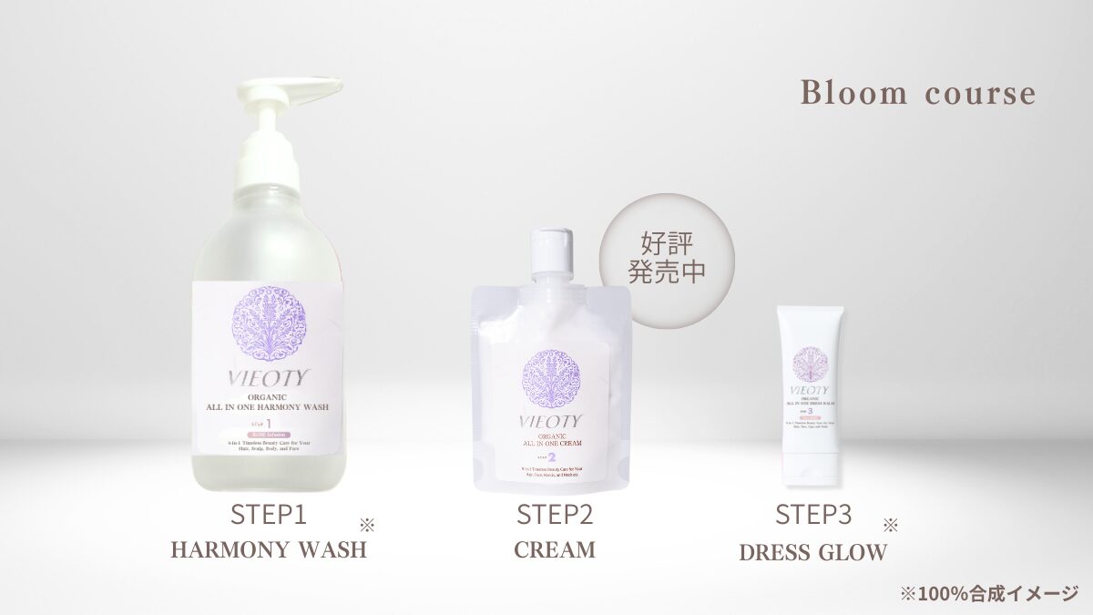 洗練された空間に並んでいる3ステップ、ブルームコース。VIEOTYで複雑なケアからの解放と、穏やかな時間を。