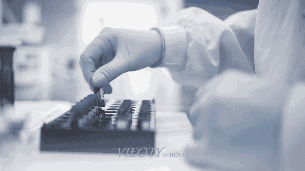 光が差す研究室で、白衣を着たVIEOTY開発者が処方箋を手に真剣な表情で考え込んでいる様子。背景には医薬部外品のラベルと化粧品のラベルが並んでいる。