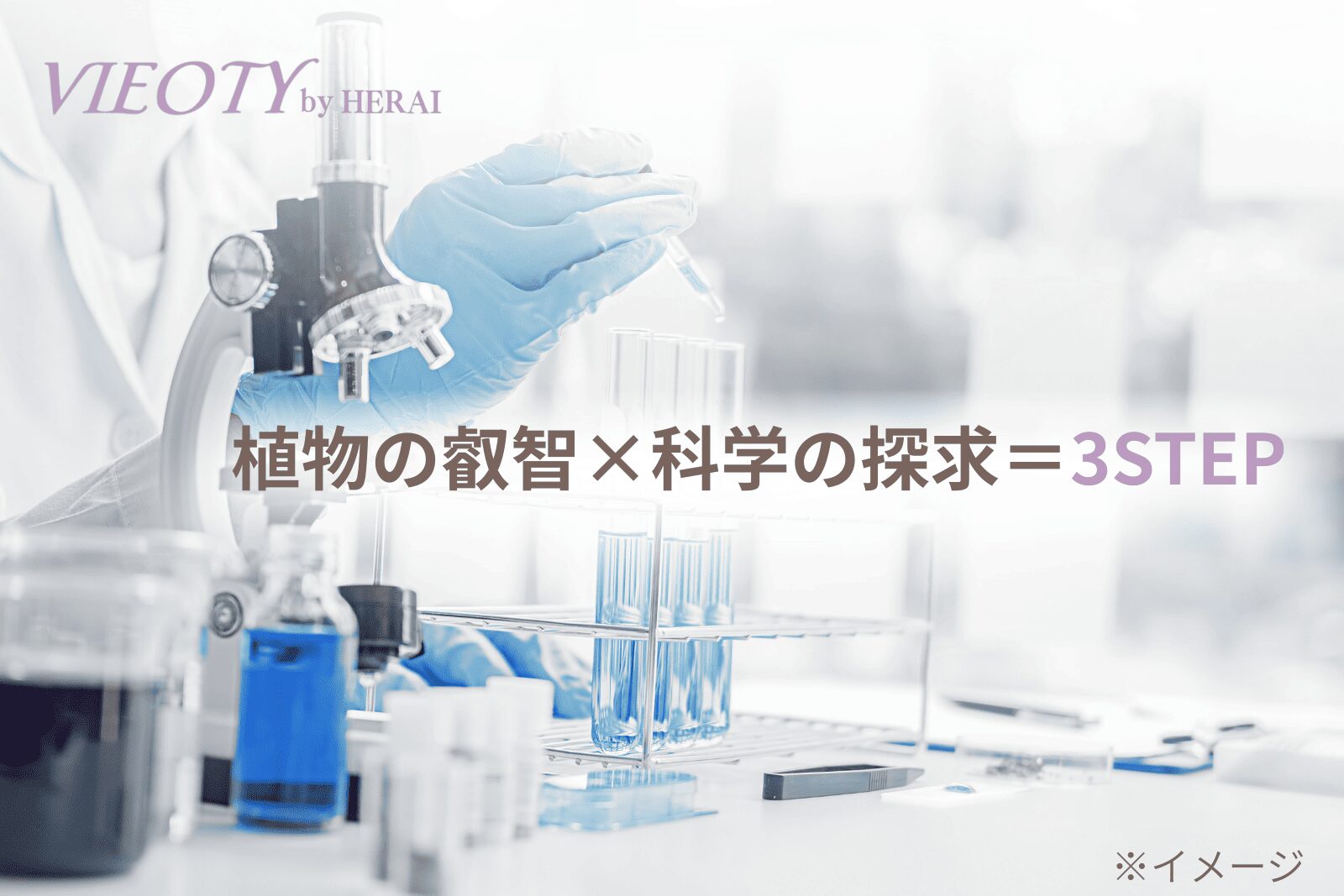 VIEOTY製品の科学的根拠を示す画像。開発者がオーガニック植物と先端科学を融合させ、スキンケアとヘアケアをまとめる処方を開発している様子を表現。