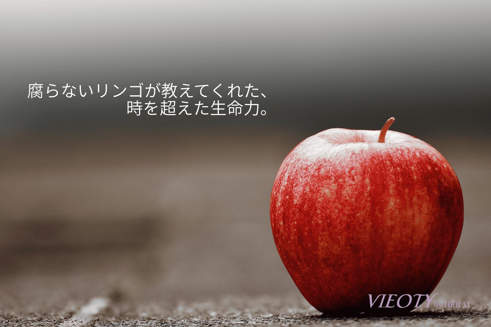 「腐らないリンゴが教えてくれた、時を超えた生命力」というコピーと共に、収穫後4ヶ月経っても瑞々しさを保つ奇跡のリンゴ「ウトビラー・スパトラウバー」の画像。