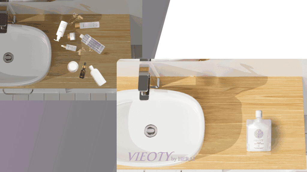 多くの化粧品(重ね付け・使い分けの象徴)を片手で退け、もう片方の手で本質である1本のシンプルなボトルを選ぶ、賢明な化粧品選びを表現したアイキャッチ画像。