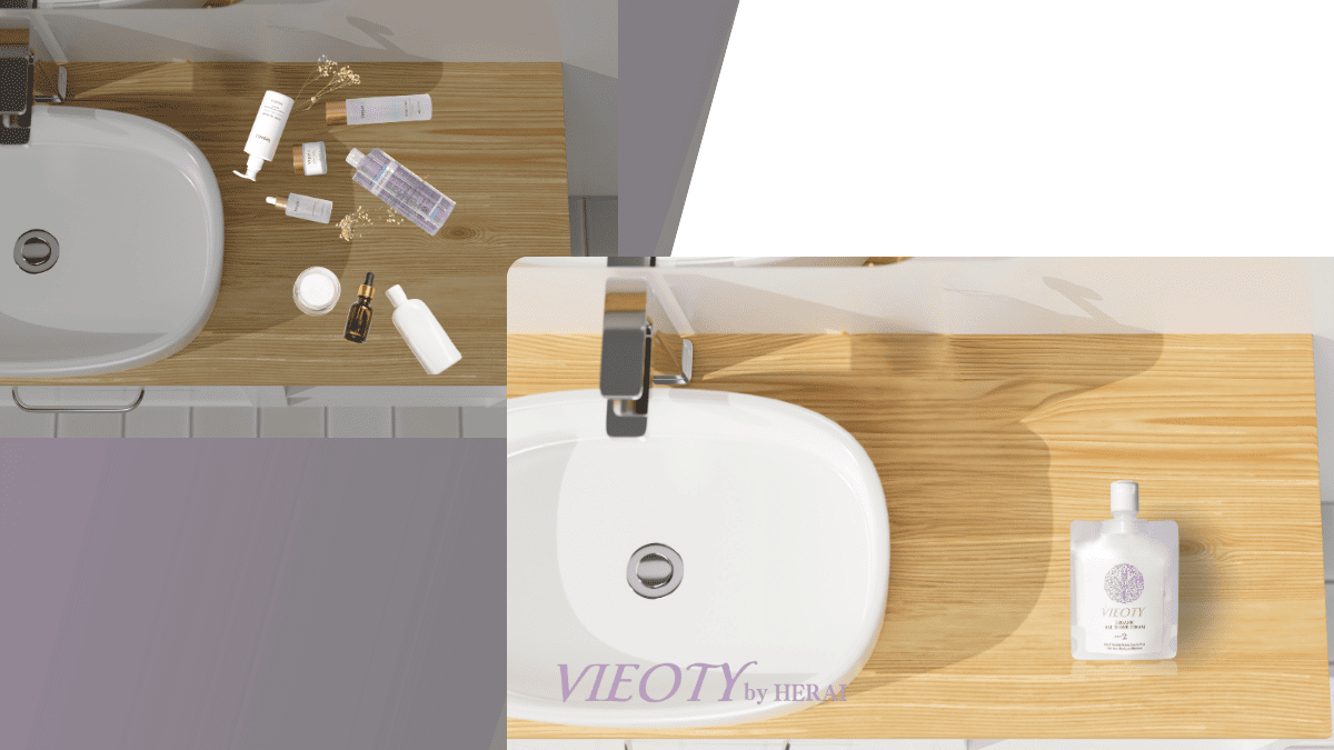 多くの化粧品（重ね付け・使い分けの象徴）を片手で退け、もう片方の手で本質である1本のシンプルなボトルを選ぶ、賢明な化粧品選びを表現したアイキャッチ画像。