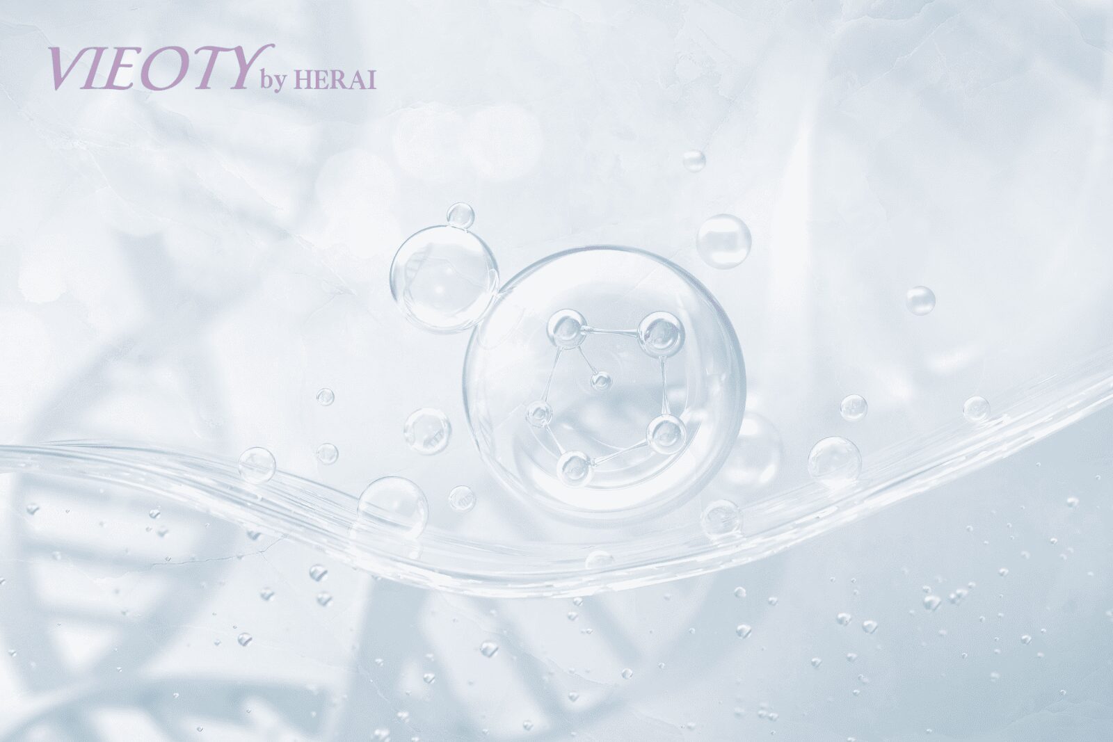 VIEOTYのヘアケア哲学を象徴する成分のイメージ。ケラチン、フラーレン、アミノ酸などの分子構造が美しくデザインされている。