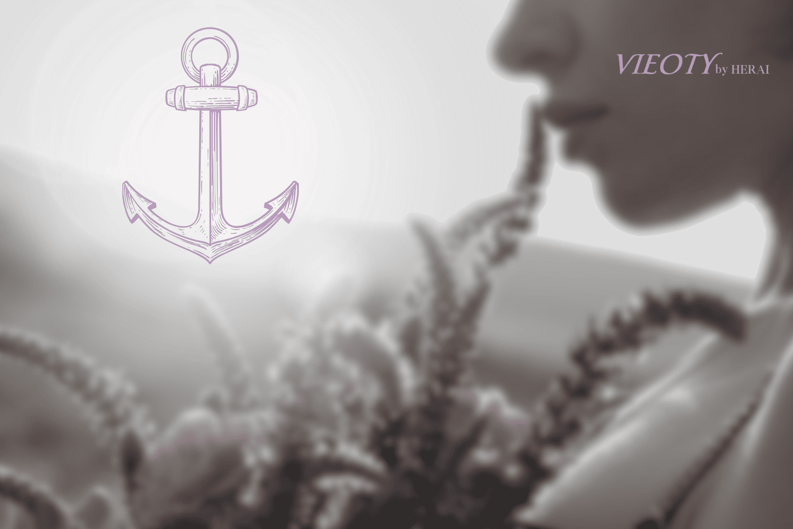 女性が手首の香りを静かに吸い込むと、心の中に輝く「錨(アンカー)」のマークが浮かび上がり、穏やかな波紋が広がるイメージ。香りで心を調律するセント・アンカリングを表現。