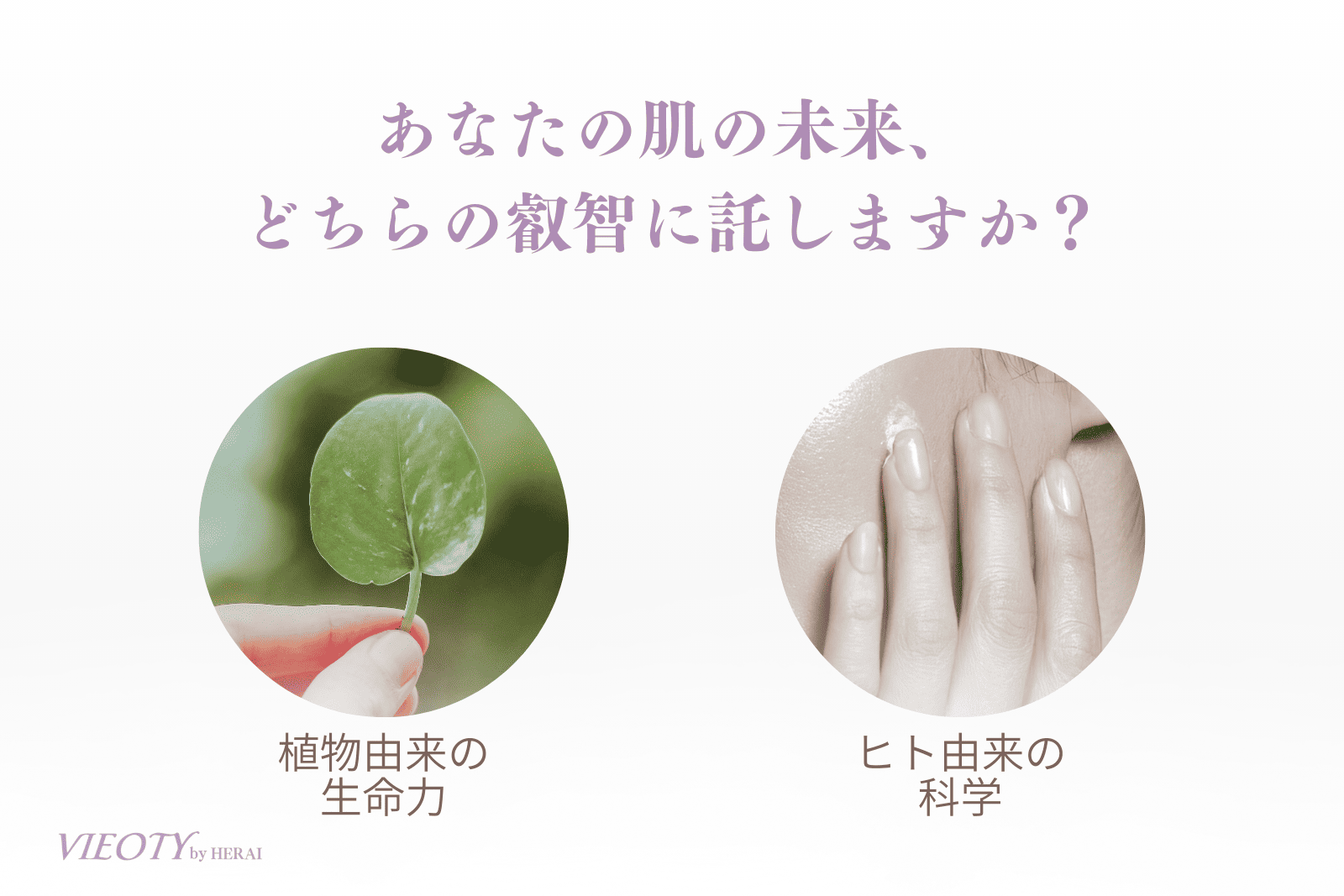 「あなたの肌の未来、どちらの叡智に託しますか？」というコピーと共に、植物（緑の葉）と人の肌を優しく撫でる2つの手を対比させた画像。ヒト幹細胞と植物幹細胞の選択をテーマにしている。