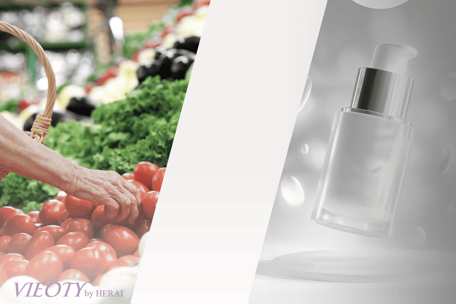 スーパーマーケットでの食品選びと化粧品カウンターでの商品選びを対比する画像