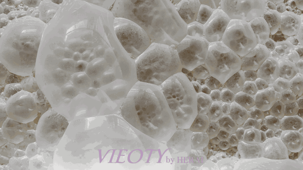 発酵コスメの力を象徴する一滴のエッセンスが水面に落ちる瞬間。米や酵母の恵みが凝縮され、肌の角質層へ浸透していく科学的なイメージ。