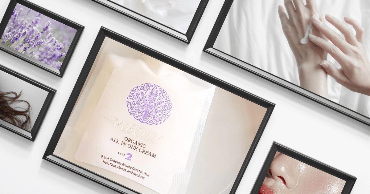 VIEOTYクリームのイメージギャラリー。ギャラリーをイメージした上質な空間に、30枚以上の製品写真と、クリームの容器、ブランドの哲学を表現。