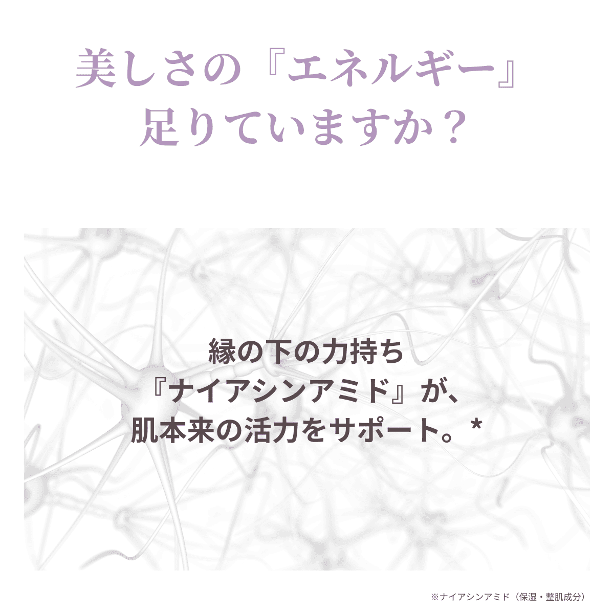 ナイアシンアミドが肌細胞のエネルギー産生をサポートし、活力を与える様子を示すインフォグラフィック。