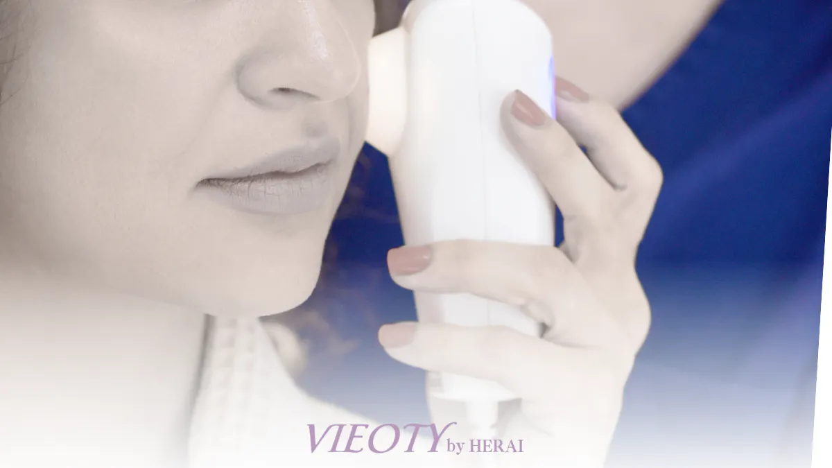 簡易的な水分量チェッカーの数値に一喜一憂するのではなく、自分の肌の手触りと鏡に映る真実（透明感・柔らかさ）を大切にする50代女性のイメージ。